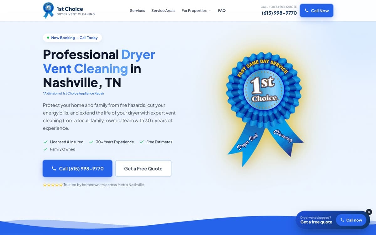 The 1st Choice Dryer Vent home page, as it ships